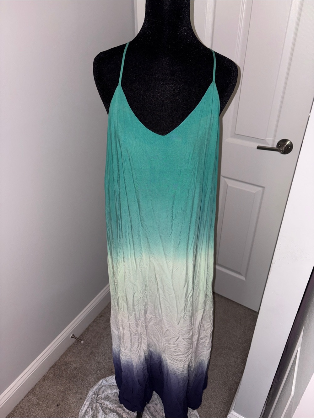 Pink Lily Teal to White to Navy Ombre Spaghetti-Strap Maxi Coverup